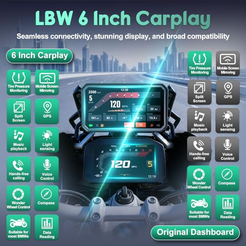 Image of LBW 6 inch Motorcycle CarPlay Fit for BMW with Wonder Wheel, Wireless Bluetooth, 1200 Nits Waterproof HD Touch Screen, Plug&Play, TPMS /Light Sensor /Siri, Android Auto, Support Voice Control