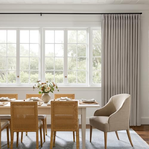 Image of Pinch Pleated 96 Inch Curtains 100 Inch Width for Windows Greige 1 Panel | Neutral, Flax Linen, Textured Drapes, Pinch Pleat, Back Tab, Privacy, Light Filtering, with Hooks Rings, for Living Room
