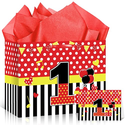 Cartoon Mouse 1st Birthday Gift Bag Black Red Mouse 1st Birthday Bag with Wrapping Paper and Card Red Polka Dot Stripe One Year Old Gift Wrapping Paper Bags for Baby Boy Shower 1 Year Old Party Decor