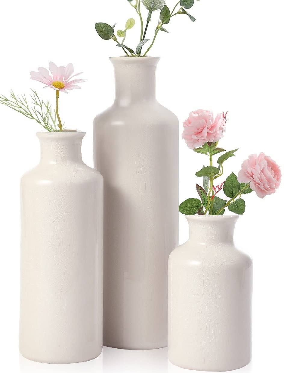 Anndason  Set of 3 Ceramic Vase White Vase Set Rustic Ceramic Vase for Home Decor Retro Farmhouse Vase Decorative Vases for Home Decor,Wedding, Party, Restaurant, Garden, Coffee Shop (White-Crack)