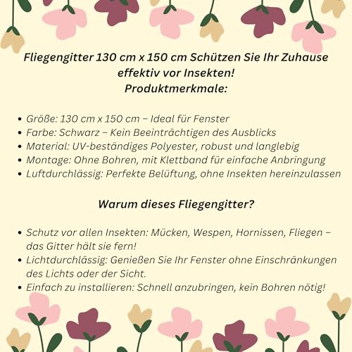 Fliegengitter + Klettband 130cm x 150cm für Fenster, Insektenschutz, Moskitonetz, Mückenschutz, Käferschutz, Bienenschutz, DIY, Fensterschutz ohne Bohren, Fliegen Gitter, Insect Stop