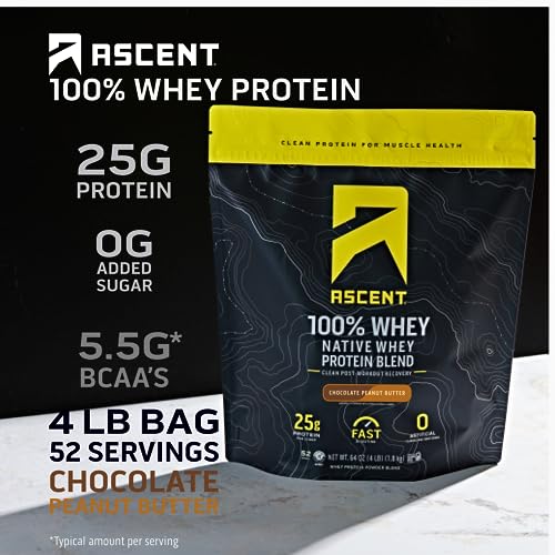 Image of Ascent 100% Whey Protein Powder - Post Workout Whey Protein Isolate, Zero Artificial Flavors & Sweeteners, Gluten Free, 5.5g BCAA, 2.6g Leucine, Essential Amino Acids, Chocolate Peanut Butter 4 lb
