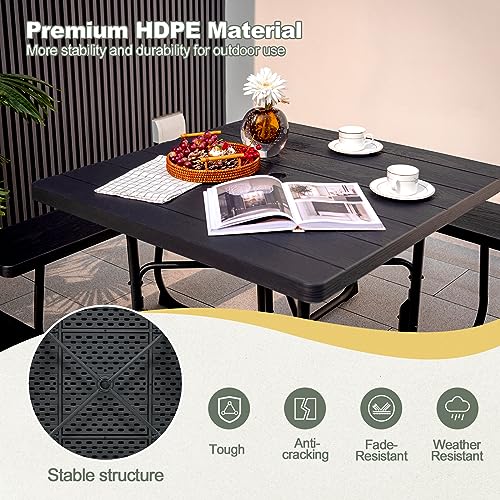 Image of Tangkula 8 Person Picnic Table, Outdoor Square Picnic Table with 4 Built-in Benches, Umbrella Hole, Metal Frame & HDPE Tabletop, Outside Table and Bench Set for Backyard, 2300lbs Weight Capacity