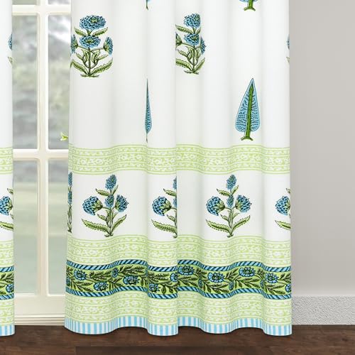 Image of BLOCKS OF INDIA Hand Block Printed Cotton Daylight Curtains with Eyelets | Blue Green Paisley, Door- 7 Feet (Pack of 2)