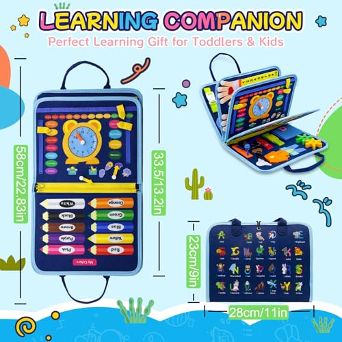 Image of Montessori Busy Board for Toddlers, 8 Pages 30+ Activities Sensory Toy, Toddler Learning Toys with ABC Numbers Shapes, Travel Toy, Preschool Educational Gift for Boys Girls, Blue Dinosaur