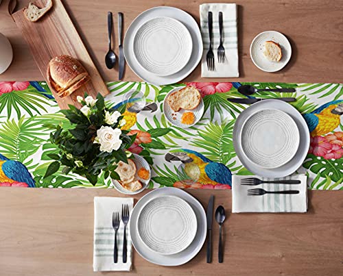 Custom Bed Usa Tropical Jungle Table Runner For Farmhouse Holiday Parties, Linen Burlap Table Runner Dresser Scarves Dining Table Decor 13X36 Inch, Parrot Flowers Green Leaves Theme #TOP2