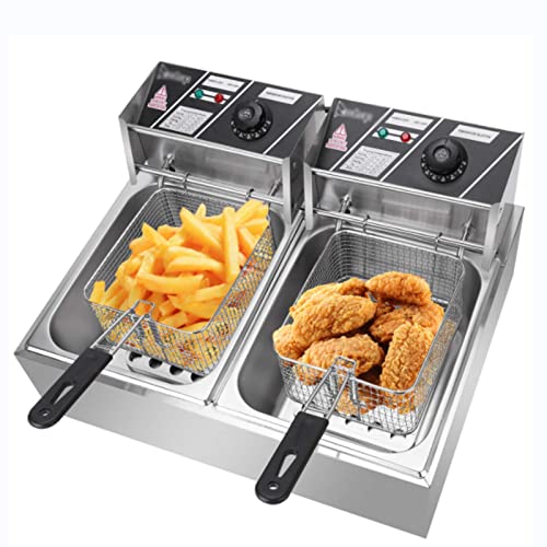LYDBMYT Freidora de Acero Inoxidable de 12 litros y 5000 W, freidora eléctrica Comercial de Aceite de encimera con Temporizador y Control de Temperatura para restaurantes y hogares (Tanque Doble)