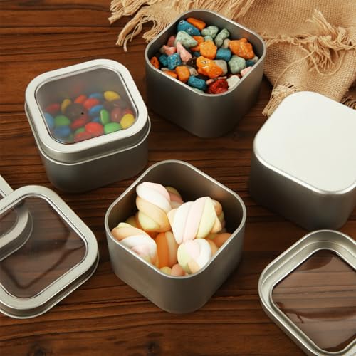 Image of DAJAVE 20 Pack Square Metal Tins with Window Lids, Silver Empty Tin Box Containers with Lid for Storage Drawing Pin Candies Jewelry Crafts, 3x3x2 Inch