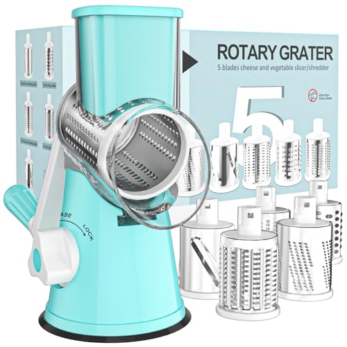 Cambom Rotary Cheese Grater Hand Crank Cheese Shredder for Fresh Cheese, Vegetable, Nuts,Non-slip Suction Base, Five Blades, Blue