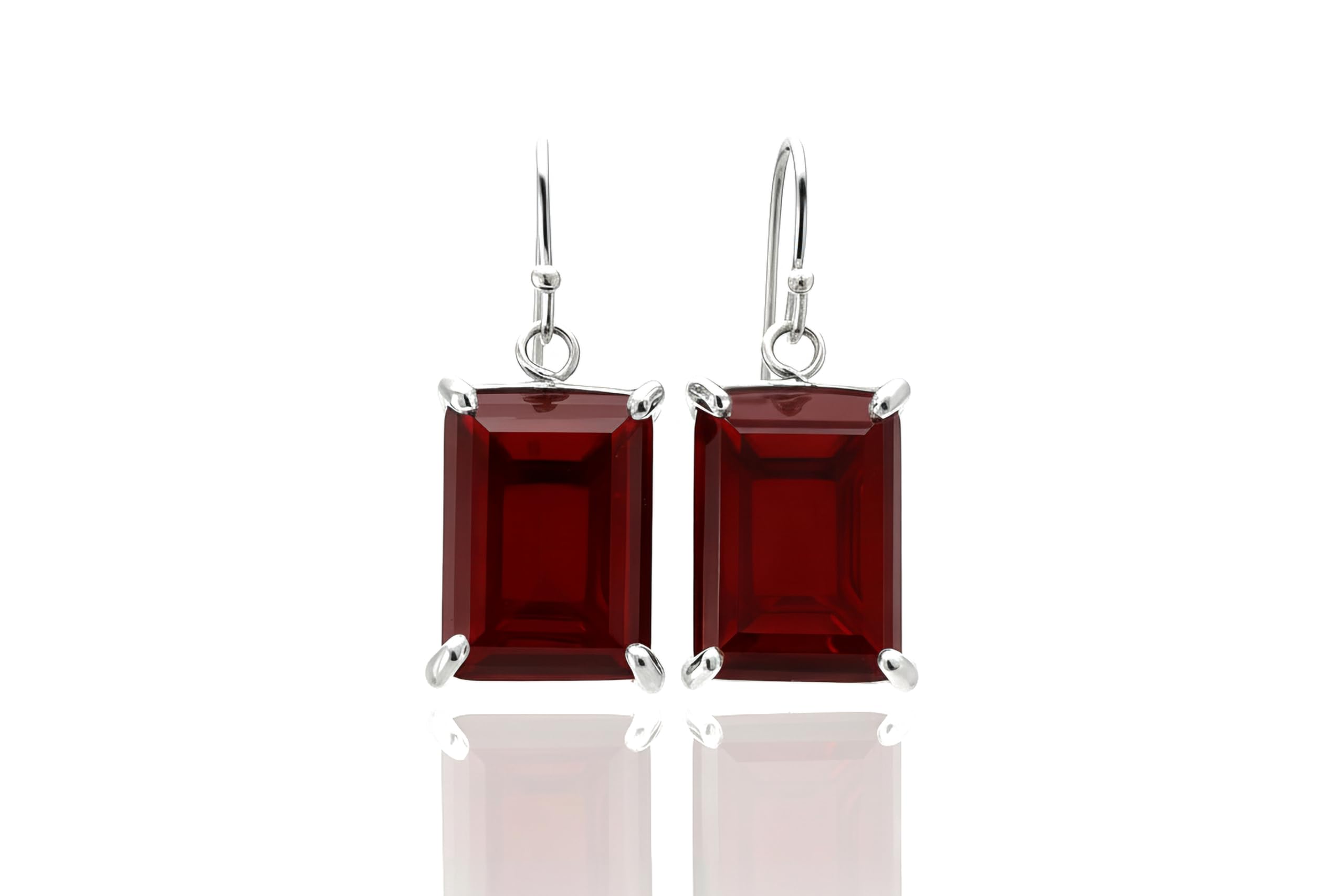 Pendientes Rectangulares de Granate de Plata 925 - Pendientes con Piedra de Nacimiento de Enero con Acabado Paladio - Joyas de Piedras Semipreciosas Hechas a Mano
