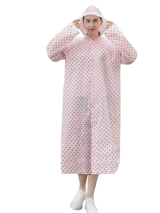 EVA Raincoat with Hood Transparent Water Resistant Rainwear Bike Rainsuit for Men & Women (Polka Dot Design)_Pack Of 01,Free Size