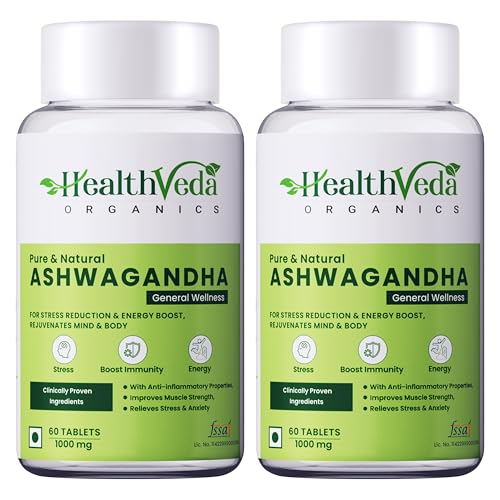 Image of Health Veda Organics Ashwagandha 1000mg | 60 Veg Tablets (Pack of 2) | Stress Relief, Immunity & Energy Support | Herbal Supplement