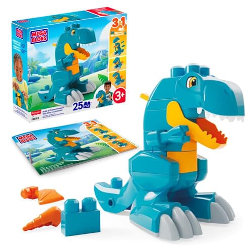 MEGA Bloks - Dinosauro Costruisci e Divora, T-Rex da costruire con 25 blocchi di grandi dimensioni e ruote funzionanti, si trasforma anche in drago o in pterodattilo, 3+ anni, JMK85