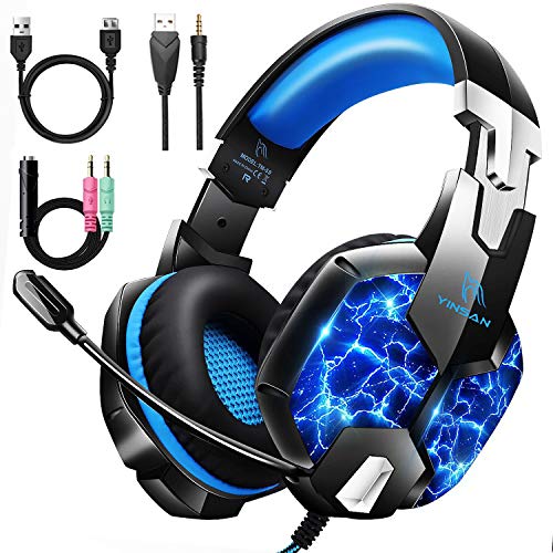 YINSAN TM5, Casque PS4 Gaming, Casque Gamer Xbox One avec Microphone Réglable Anti Bruit, Casque Gaming avec RGB LED Lampe Stéréo Basse pour PS4, Xbox One, Switch, PC, Laptop, Tablette, Blue