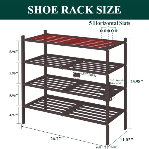 Image of Smiry Bamboo Shoe Rack, 5 Horizontal Slats, 4 Tier - 26.8 inch Wide, Brown