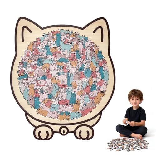 Moderobot 135ピース モランディカラー 猫型木製ジグソーパズル 猫のシルエットフレーム ユニークな不規則な動物ピース ユニークなカットピース 大人とティーン向け ホームデコレーションギフト(Color C)
