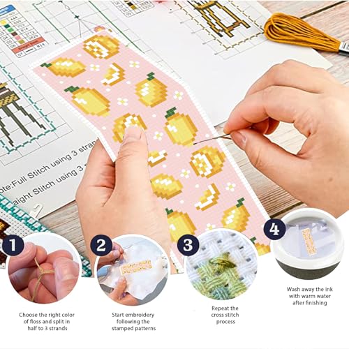 Image of FREEBLOSS 6 Set Cross Stitch Bookmark Kit Stamped Cross Stitch Kit | Refreshing Fruits Theme Embroidery Set with Instruction for Adults 8''*2.4''
