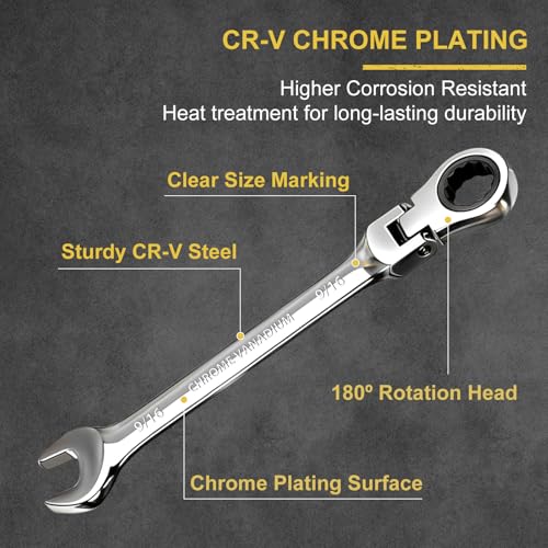 Image of Egofine Flex Head Ratcheting Wrench Set 10 Piece, SAE Wrench Set, CR-V Steel 1 /4 inch to 3 /4 inch Wrench, 72-Teeth Combination wrench set, Chrome plated Ratchet Wrenches Set with Tool Roll Bag