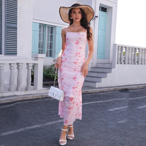 Image of Women's Floral Ruched Bodycon Midi Dress Sleeveless Mesh Fishtail Slip Dresses