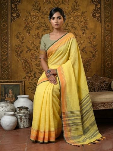 Image of MADHUHANSH Women's Cotton Linen Saree with Unstitched Blouse Piece and Floral Printed Pattern | Women Saree for Special Occasion | Stylish Modern Sarees