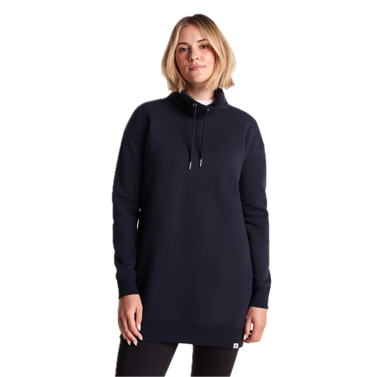 Tog24 Women's Oxford Blue Drakeford Funnel Neck Longline Sweatshirt With Chunky Knitted Drawcords, Zip Detail Side Seams, And Ribbed Cuffs And Hem