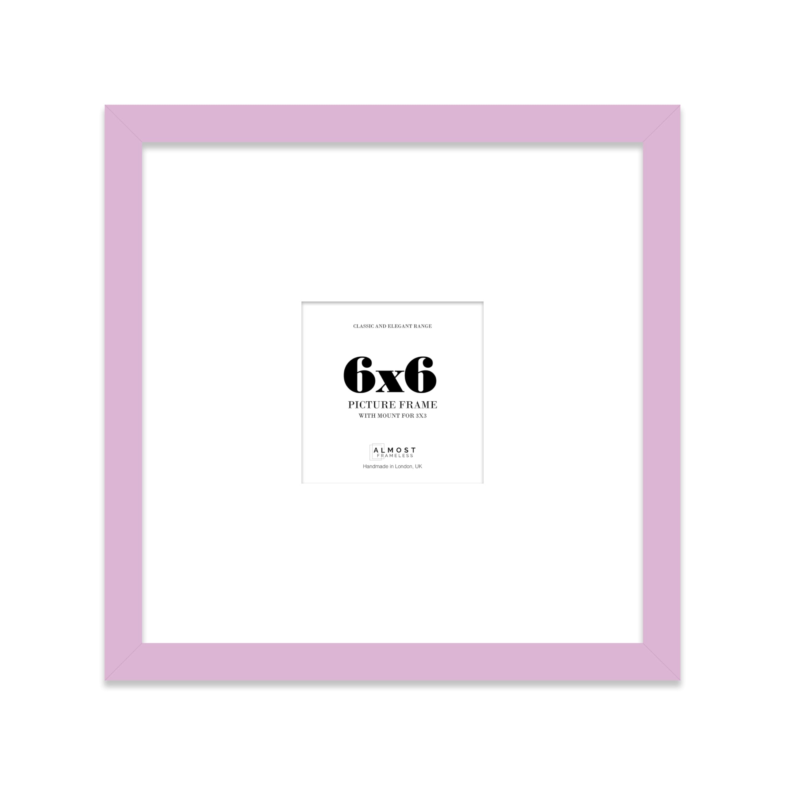 Almost Frameless 6x6 Square Picture Frame, Display Pictures 3x3 With Mat or 6x6 Without Mat, Wall Hanging & Free Standing Photo Frame, Lilac, 1 Pack