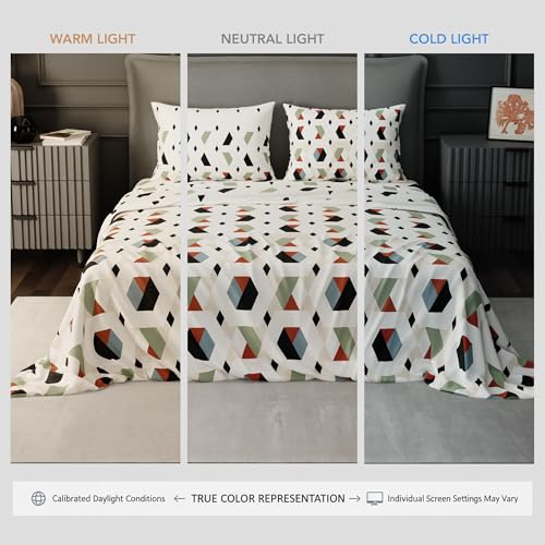 Image of BLISSHOME SoftTouch 150TC Cotton King Size Printed Bedsheet with 2 Pillow Covers for Double Bed, Silky Smooth Bedding Set, Breathable, Easy Maintain, Geometric Pattern - Cream (228cm X 274cm)