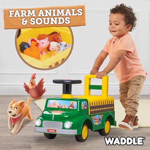 WADDLE Retro Designed Farm Truck Toddler Ride on Toys - Baby Push Car, Includes Farm Animals, Headlights, Sounds, Push Cars for Toddlers 1-3 Boys & Girls, Durable Ride on Car, Up to 44 lbs