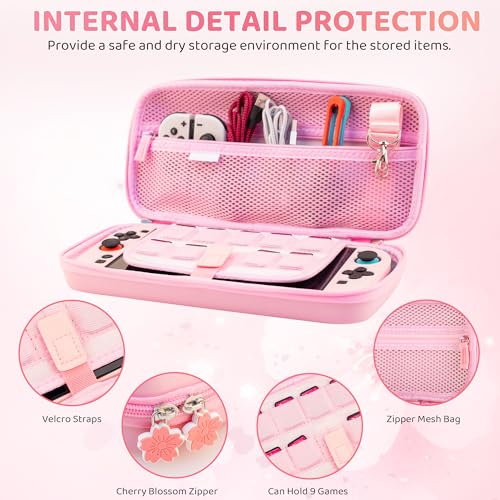 FUNDIARY Pink Sakura Travel Carrying Case for Nintendo Switch 2, Cute Accessories with Slim Portable Storage Bag, Hard PC Protective Dockable Cover, Screen Protector, Shoulder Strap and 2 Thumb Caps by FUNDIARY - Image 5