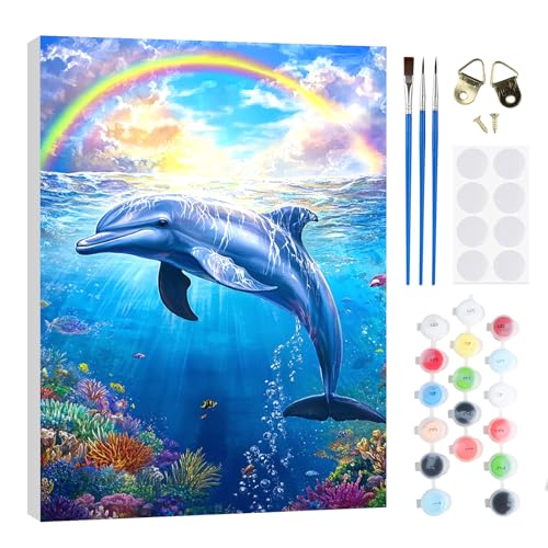 RICUVED Dauphin Peinture Numero Adulte,Animal Kits de Peinture au Numéro avec pinceaux Peinture de Dessin de Pigment Acrylique, Paint by Numbers avec Cadre pour Décoration 20x30cm