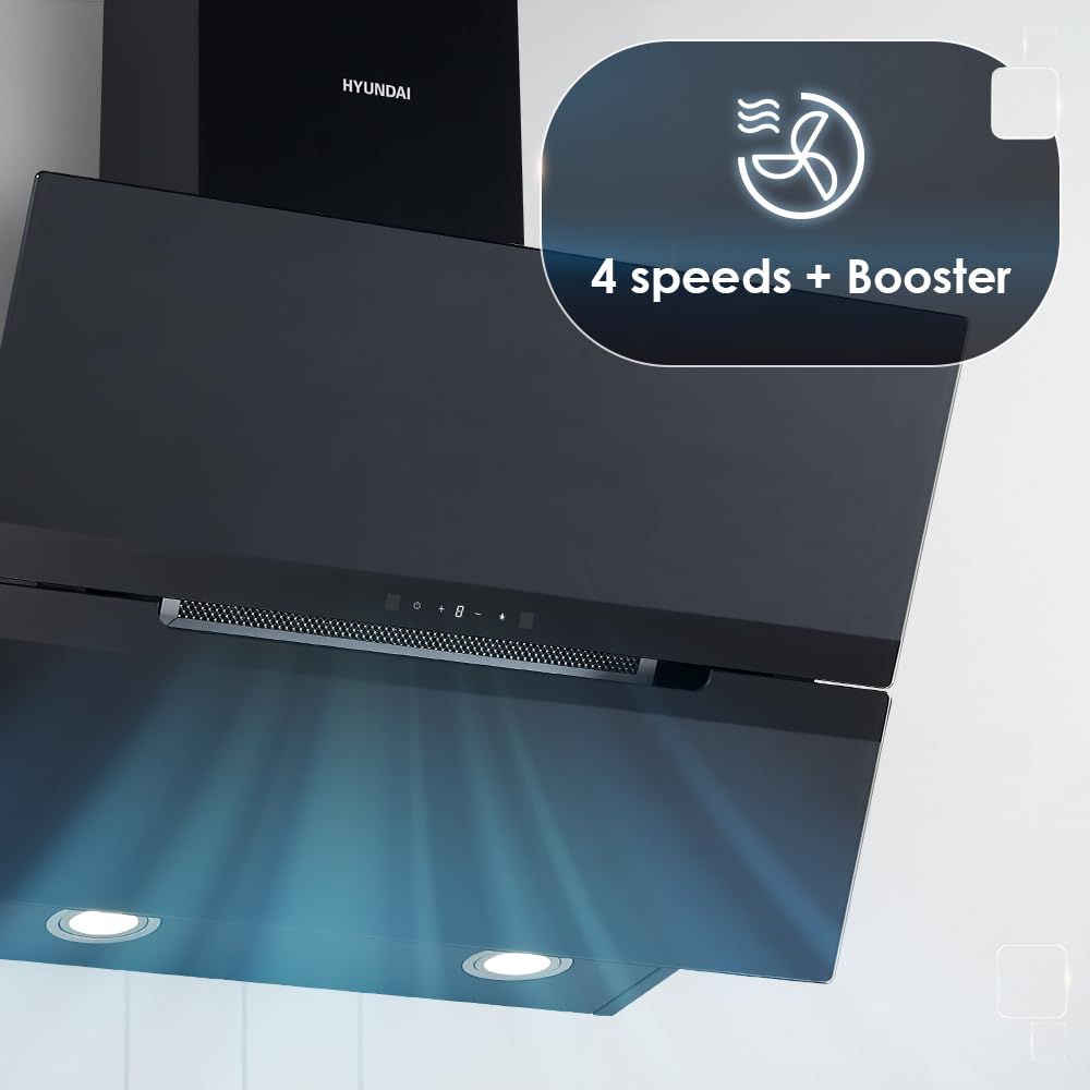 Hyundai Campana Extractora Inclinada 90cm, Cristal Negro, HCDE90DCB00. Potencia 831m3/h, 3 Velocidades, 2 Filtros, 64 dB Nivel Sonoro, Control Táctil, Filtro apto para Lavavajillas