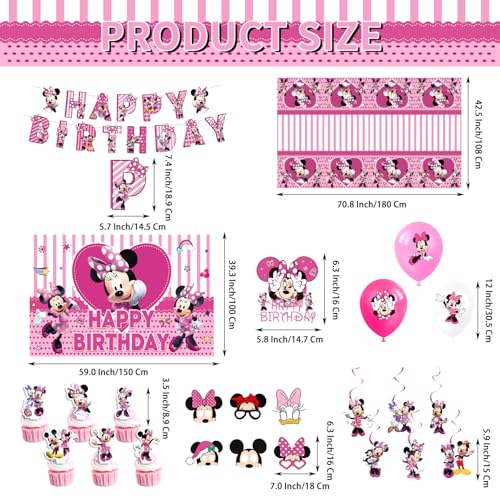 Pink Mouse Theme Birthday Supplies Set Include Banner, Balloons, Hanging Swirls, Background, Cake Topper, Cupcake Toppers, Masks and Tablecloth For Kid's Party Decorations