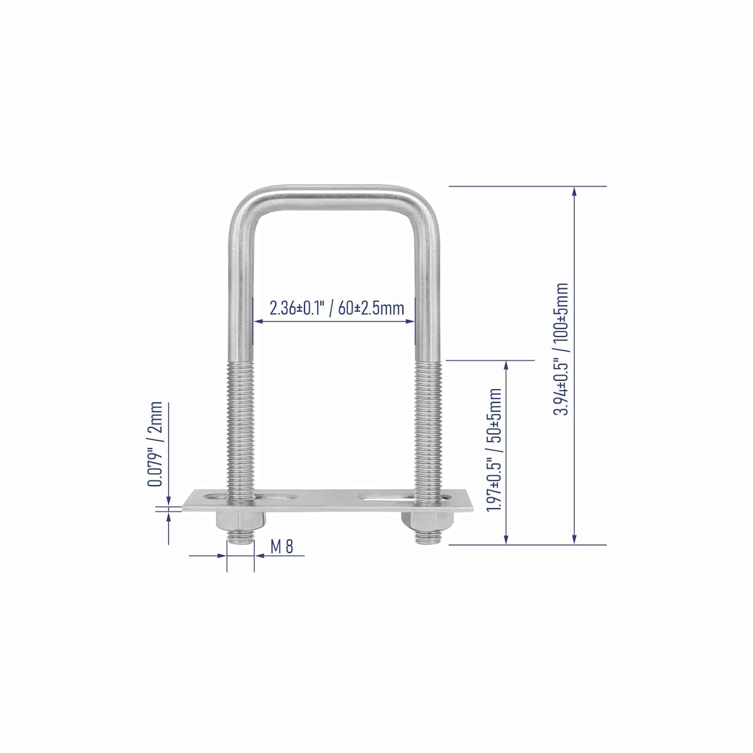 2 Sets 304 Stainless Steel Square U-Bolts 2-3/8"(60mm) Inner Width, 4"(100mm) Length Stainless M8 with Nuts, Frame Plate, Accessories for Automobiles Trailer, Boat Trailer Industrial Parts