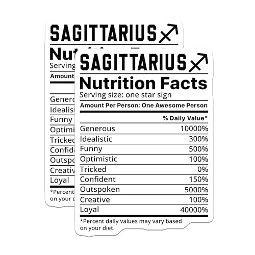(2 Pack) Sagittarius Zodiac Stickers - Nutrition Facts - Astrology Sign - 5" On Longest Side - Sticks to Smooth Flat Surfaces - Made in USA - BMCS11476