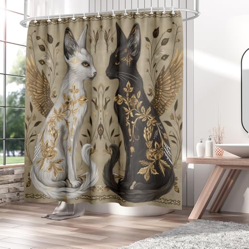 Orlco Art Vintage Mysterious Black Cat Shower Curtain Sets Witchy Dark Moody Cat with Gold Wings Rustic Farmhouse Shower Curtain Quick-Dry Fabric Shower Curtain Bathroom Decor with 12 Hooks