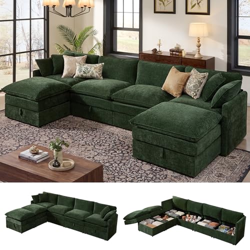 Image of Ihanherry 135 inch Modular Sectional Sofa with Storage, U Shaped Cloud Couch with Movable Ottomans & 4 Pillows, Chenille Deep Seat Sectional Couches for Living Room, Apartment (Green)