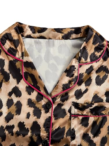 Women's 2 Piece Stain Pajama Set Leopard Button Front Short Sleeve Cheetah Collar Shirt and Shorts Sleepwear Set Pjs3