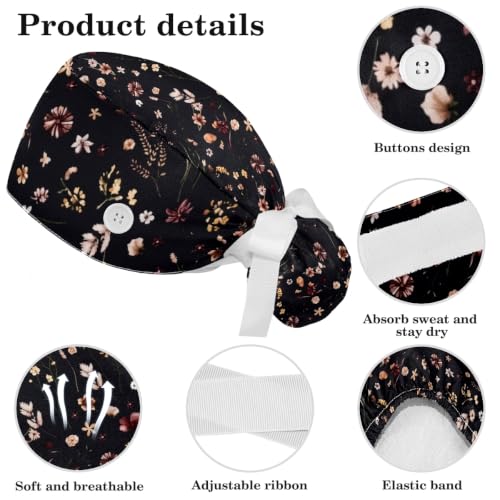 Image of Butterfly Scrub Cap Women with Ponytail & Buttons Adjustable Surgical Nurse Hat with Cotton Sweatband for Long Hair