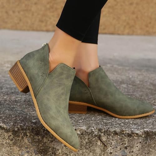 Womens V Cutout Ankle Boots Fashion Pointed Toe Chunky Stacked Heel Western Booties Zip Up Cowboy Boots Shoes Suede Chunky Low Heel Pull On Short Fall Winter Work Boots 6