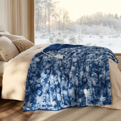 Image of Bedsure Faux Fur Heated Blanket Twin Size, Tie-Dye Electric Blanket, Blue