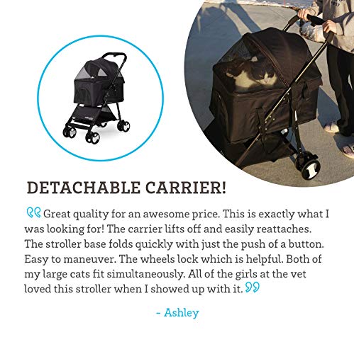 Paws & Pals Dog Stroller Easy to Walk Folding Travel Carriage for Pets & Cats with Detachable Carrier - Black - Image 7