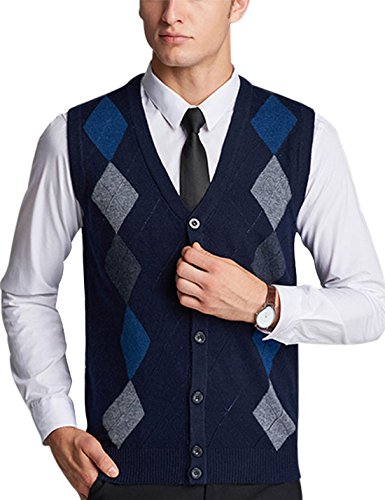Yeokou Mens Casual Slim Sleeveless V Neck Button Front Wool Knitted Sweater Vest (Large, Style23 Navy Blue)