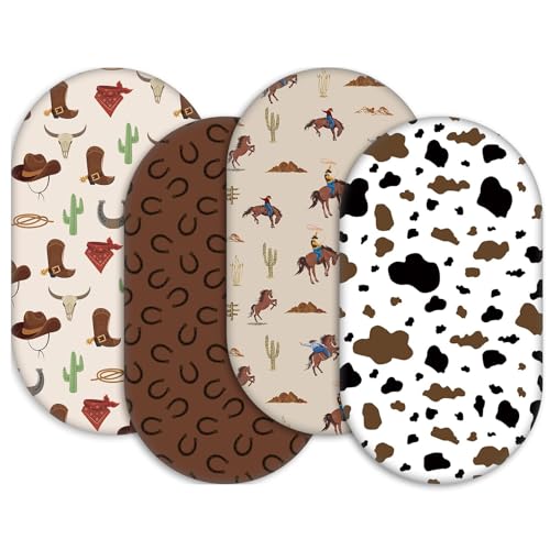 Image of 4 Pcs Western Cowboy Bassinet Sheets 32"x16"x3.9", Soft Breathable Cow Print Baby Bassinet Sheet for Standard Toddler Mattress, Boys