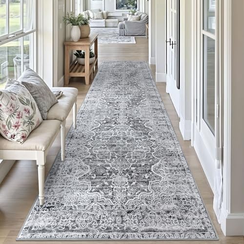 KUTA Vintage Washable Rug Runners 3x10, Grey White Non-Slip Kitchen Hallway Long Rugs 10ft with Rubber Backing, Printed Modern Soft Carpet for Entryway Indoor Dining Room