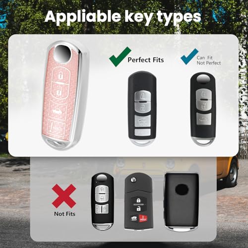 Image of Car Key Fob Cover for Mazda, Rhinestone Wristlet Case, Pink | Wear-resistant TPU shell, non-stretch rhinestone wristlet, daily splash, scratch and drop protection, normal signal use