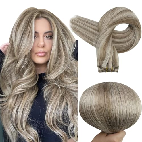 Fshine Capelli Veri Extension Tessitura 100g 40CM Matassa Capelli Veri Marrone Chiaro Alto Biondo Platino Extension Cucitura Capelli Veri Real Hair Extensions #8P60