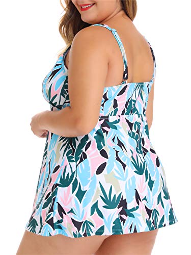 Flatterme Women's Vintage Grey Green Block Plunge Flowy Tankini Set,Long Torso Plus Size Swimsuit Top With Bottom (Foral069, Xl/Us 16W) #TOP3