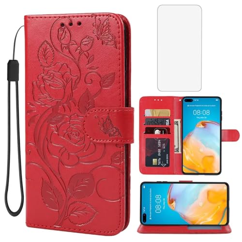 Yerebel Funda para Huawei P40, Huawei P 40 ANANX9, ANALX4 funda tipo cartera con protector de pantalla de vidrio templado, funda protectora de piel con flores con tapa para tarjetas de crédito,