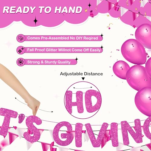 Image of Fulmoon Pre Strung It's Giving Birthday Banner Sparkle Glitter HBD Sign Sweet 16th, Preppy, Cute 21st Birthday Party Decorations Photobooth Backdrop(Hot Pink)