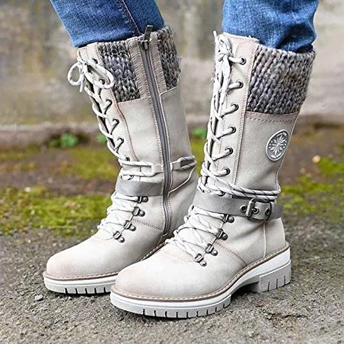 AngryMonkey Women's Winter Warm Mid-Calf Snow Boots,Knitted Suede Splicing Lace-up Non-Slip Waterproof Outdoor Casual Booties4